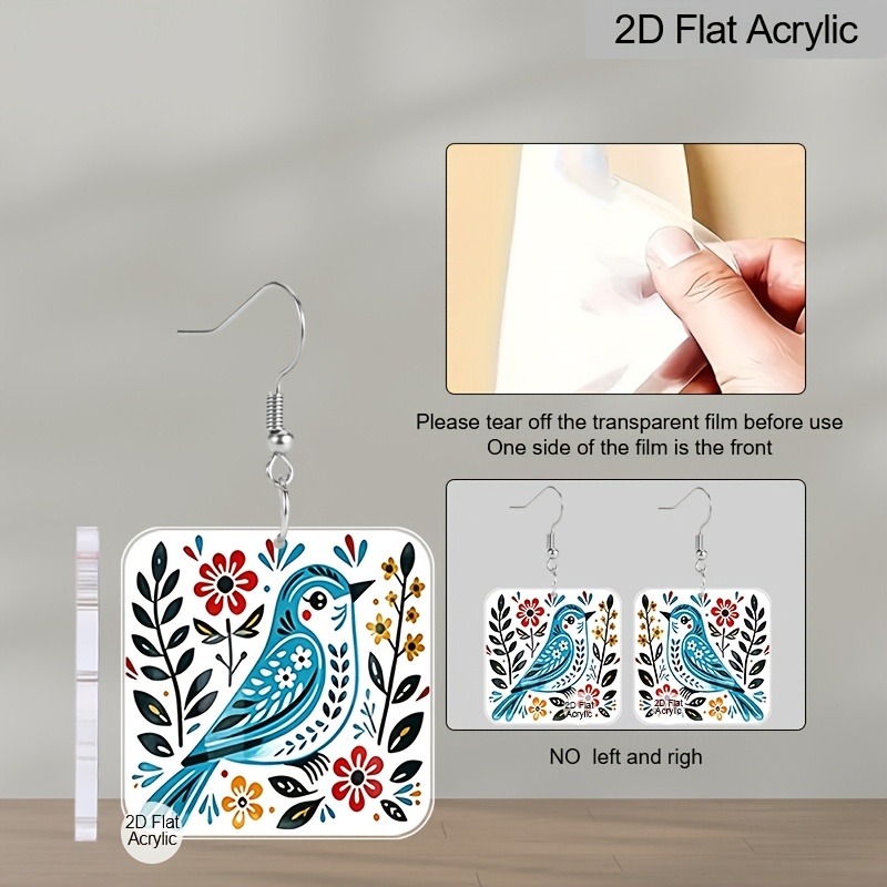Women's Colorful Floral & Blue Bird Acrylic Dangle Earrings